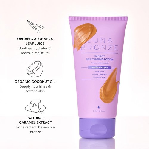 Luna Bronze Radiant Self Tanning Lotion - Gradual Sunless Tanner with Natural Caramel Tint | Moisturizing & Non-Irritating for Sensitive Skin | Organic, Vegan, Cruelty Free (150ml/5.07 fl. oz)