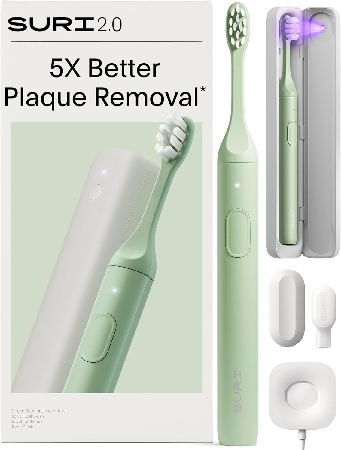 SURI 2.0 Sonic Electric Toothbrush - Pressure Sensor & UV-Cleaning Case | 1 Month+ Battery | Green