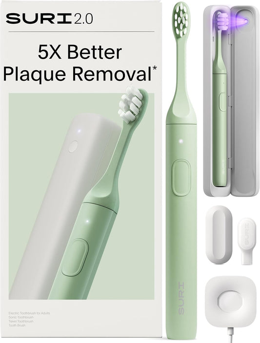 SURI 2.0 Sonic Electric Toothbrush - Pressure Sensor & UV-Cleaning Case | 1 Month+ Battery | Green