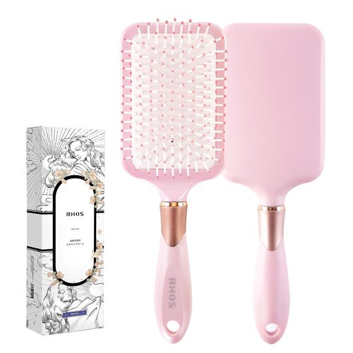 RHOS Paddle Brush - Detangler for Thick, Curly, Long Hair | Nylon Bristles Cushion Brush - Pink