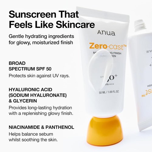 Anua Zero-Cast Moisturizing Sunscreen SPF 50 - Glow-Enhancing, Oil-Free Formula with Hyaluronic Acid & Niacinamide | 1.69 fl oz