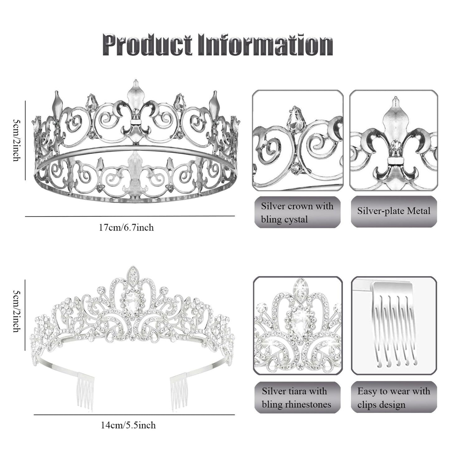 AMind4U 2PCS King and Queen Crown Set Metal Crown for Men and Women Crystal Tiaras for Girls Costume Accessories for Prom Wedding (Silver 1)