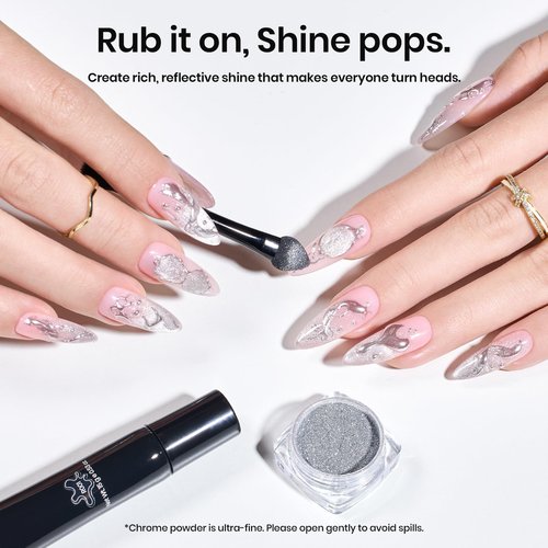 Beetles 3D Gel Nail Art, Sculpting Gel 3 in 1 Clear No Wipe Nail Polish Rhinestone Art Glue Gel for Drawing, Molding, Gems and Decoration with Silver Chrome Nail Powder for DIY Nail Designs, 15g
