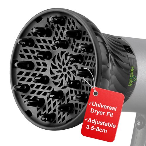 Herbishh Hair Dryer Diffuser - Universal Attachment for Curly & Wavy Hair, Reduces Frizz & Adds Volume, Adjustable 3.5 to 8 cm (Black)