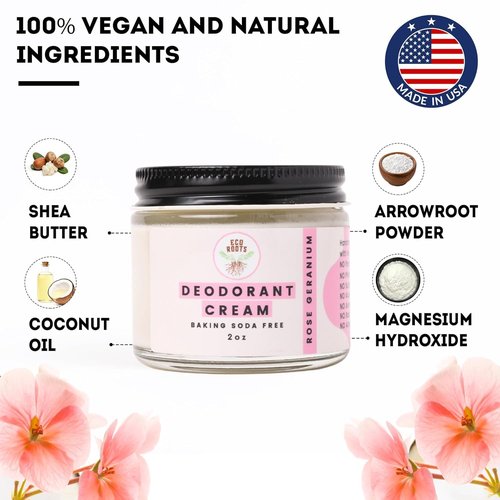 ECO ROOTS Natural Deodorant Cream - Organic, Non-Aluminum Formula | Vegan & Baking Soda Free | Rose Geranium Scent