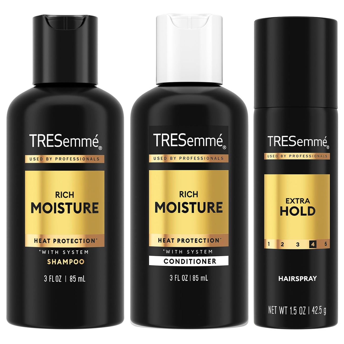 TRESemmé Travel Essentials Hair Care Set - Rich Moisture Shampoo, Conditioner & Hairspray for Heat Protection