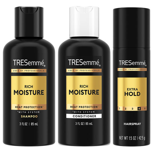 TRESemmé Travel Essentials Hair Care Set - Rich Moisture Shampoo, Conditioner & Hairspray for Heat Protection