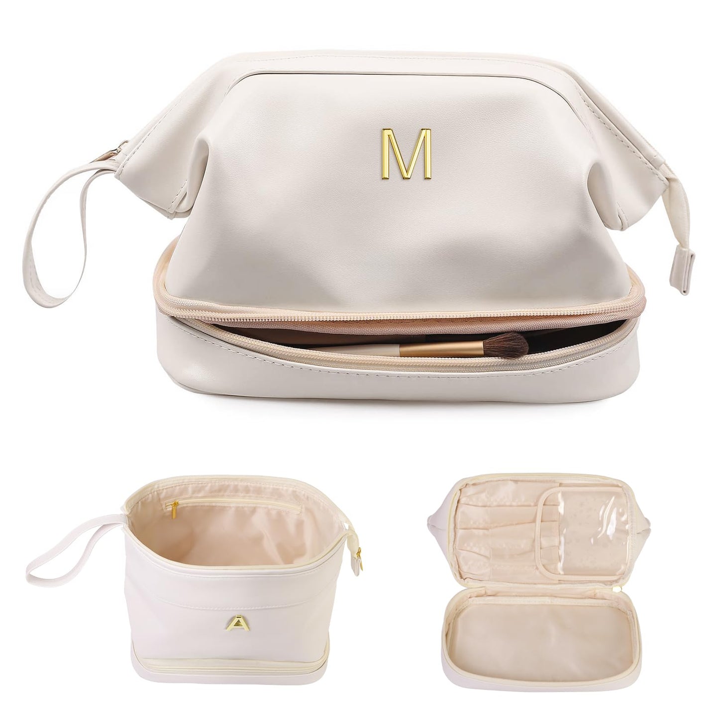 Vogewood Gifts for Women-Birthday Gifts-Teen Girl Gifts Trendy Stuff Initial Makeup Bag for Women, Double Layer Cosmetic Bag with Makeup Brush Organizer, Travel Toiletry Bag,Bride Gift