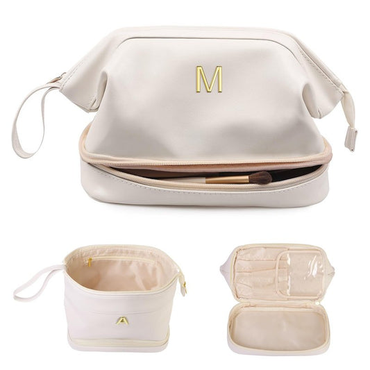 Vogewood Gifts for Women-Birthday Gifts-Teen Girl Gifts Trendy Stuff Initial Makeup Bag for Women, Double Layer Cosmetic Bag with Makeup Brush Organizer, Travel Toiletry Bag,Bride Gift