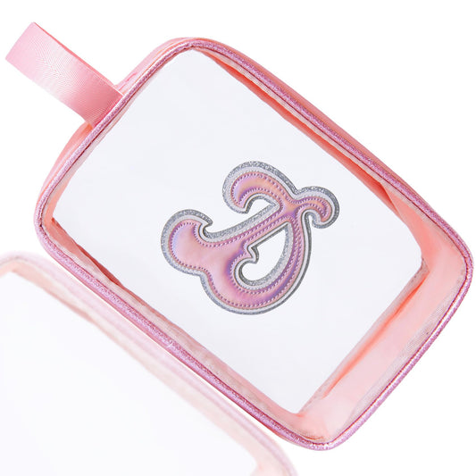 COSHAYSOO Clear Makeup Bag Preppy Initial Letter Cosmetic Toiletry Sunscreen Pouch Travel Essential Accessories Gifts for Women Girls Weekend Summer Holiday Airplane Plane Cruise Traveling Pink D