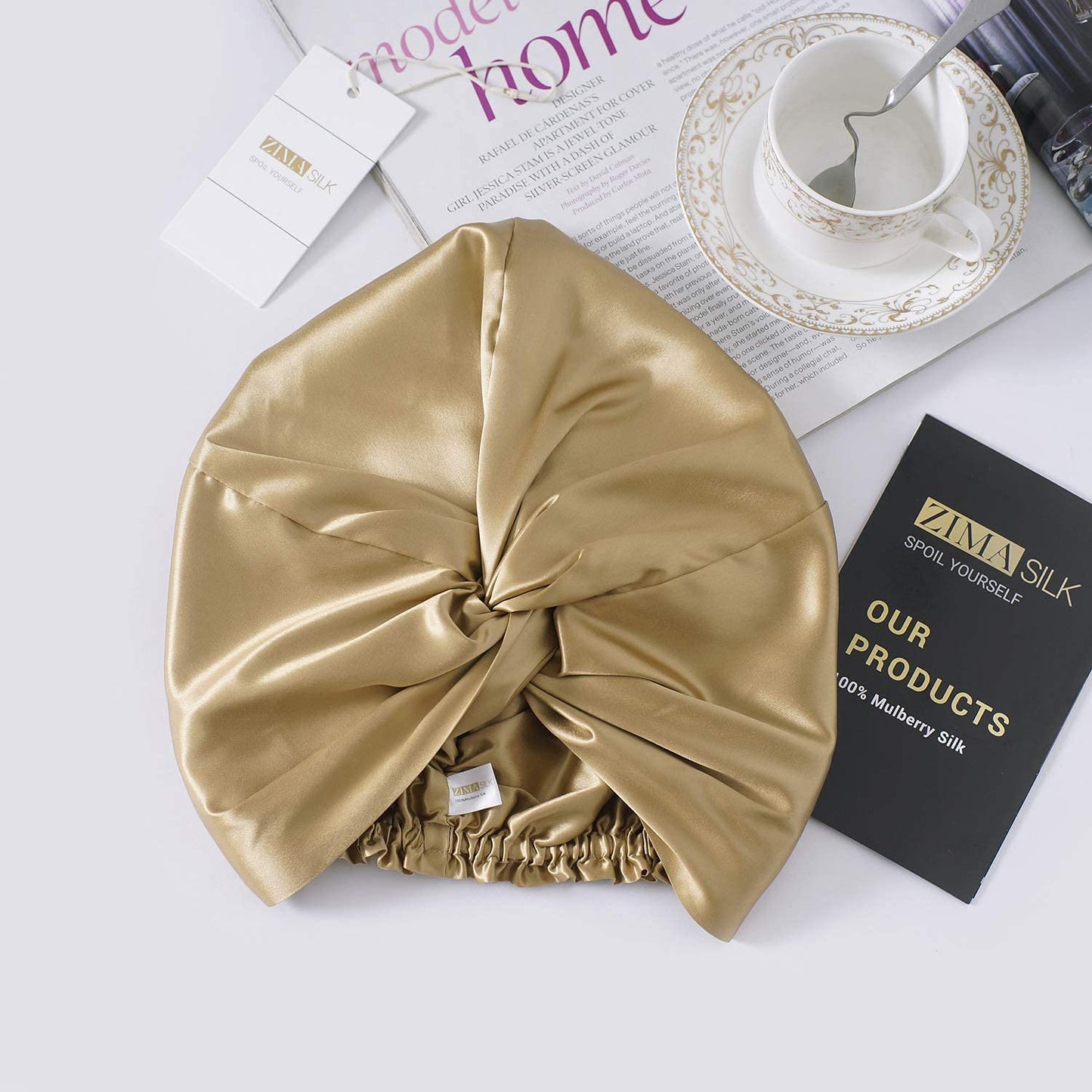 ZIMASILK 22 Momme 100% Mulberry Silk Bonnet for Sleeping & Women Hair Care, Highest Grade 6A Silk Hair wrap for Sleeping with Premium Elastic Stay On Head (1Pc, Golden)