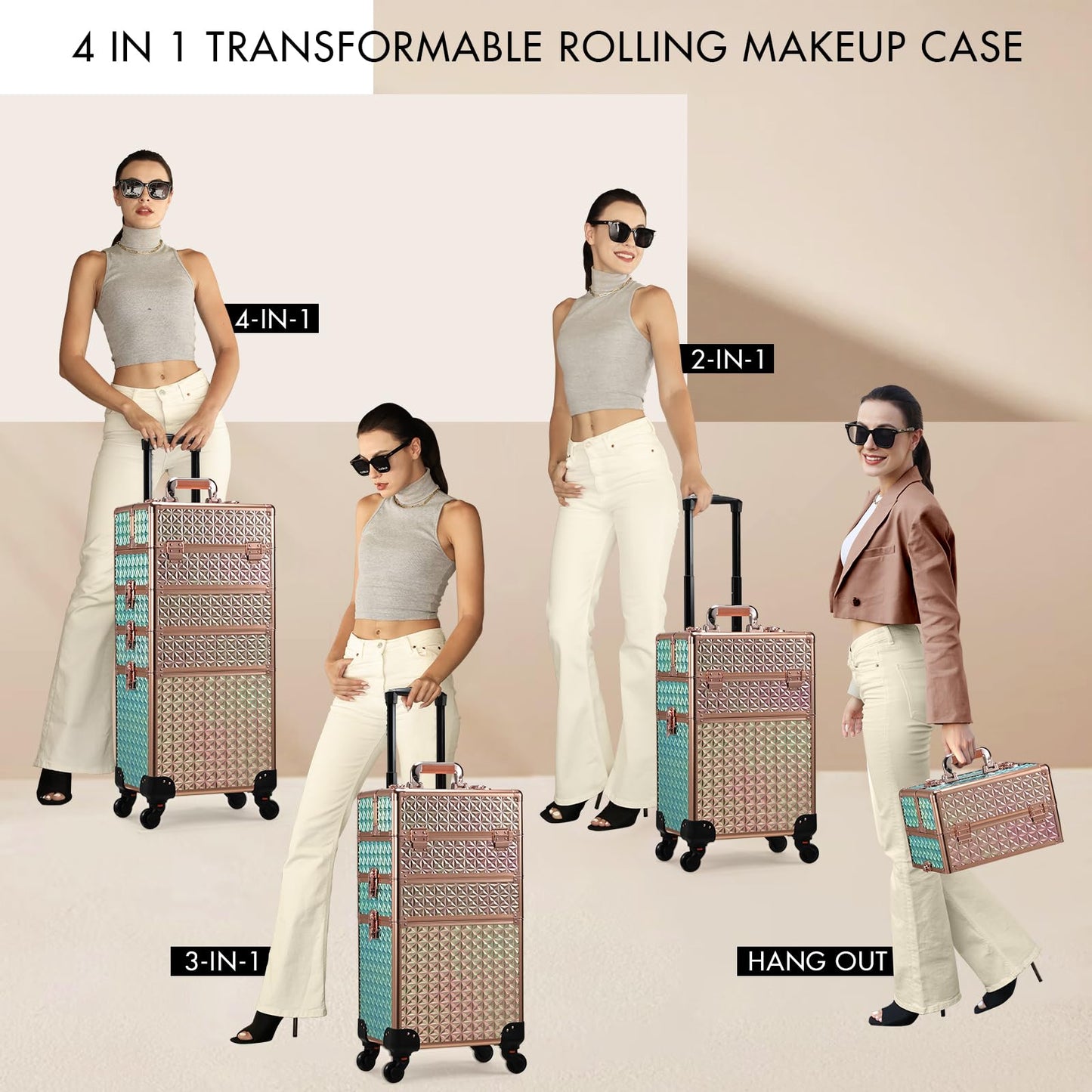 Stagiant Rolling Makeup Train Case Large Storage Cosmetic Trolley 4 in 1 Large Capacity Trolley Makeup Travel Case with Key Swivel Wheels Salon Barber Case Traveling Cart Trunk Shiny Rose Gold