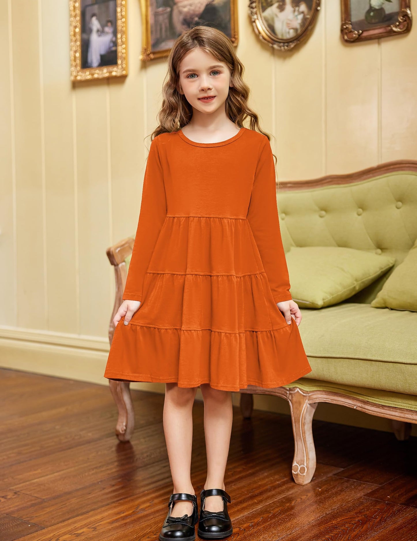 Arshiner Girls Long Sleeve Dress Fall Cotton Crewneck Tiered Ruffle Swing Solid Casual Midi Dresses Orange 6 Years