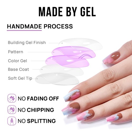 BTArtbox Press on Nails Medium - Coffin Press On Nails with Glue and Adhesive Tabs for Women, Soft Gel Glue On Nails in 15 Sizes - 30 Stick On Nails Kit, Cherry Blossom Latte