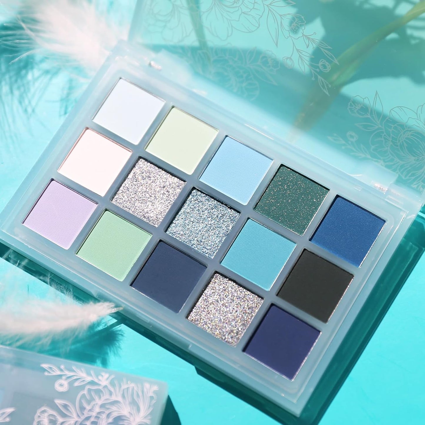 UCANBE 15 Color Eyeshadow Palette - High Pigmented Shimmer & Matte Shades | Cool Tones in White, Blue, Green, Mint, Teal, Navy