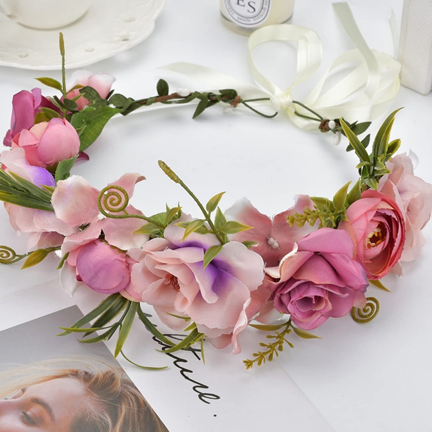 YnimioAOX Handmade Adjustable Flower Wreath Headband Halo Floral Crown Garland Headpiece,N31-pinklish purple