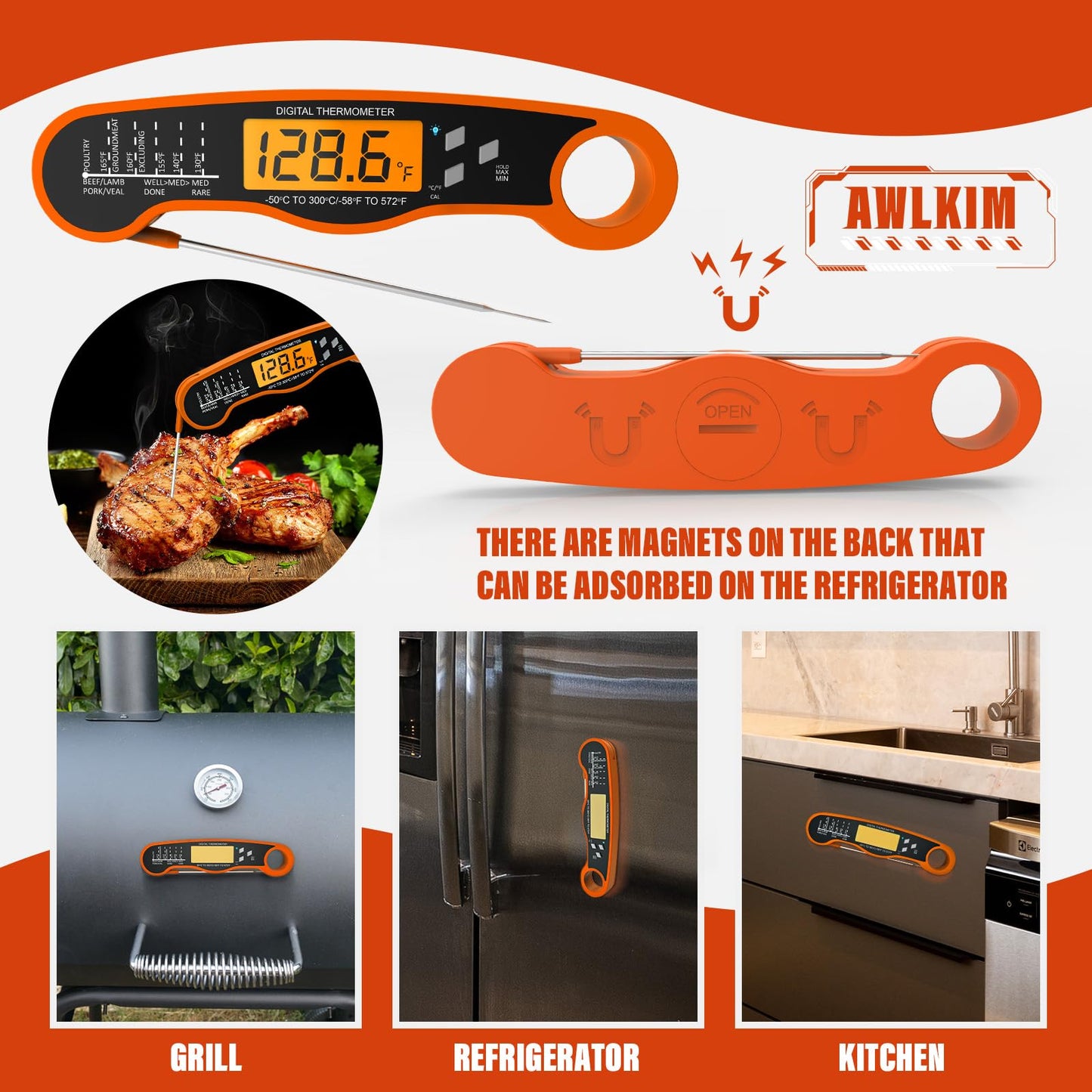 Fast Instant Read Meat Thermometer with Backlight - Waterproof Digital Food Probe for Grilling, Cooking, Baking & Candy Making - Kitchen & BBQ Essential(Black)