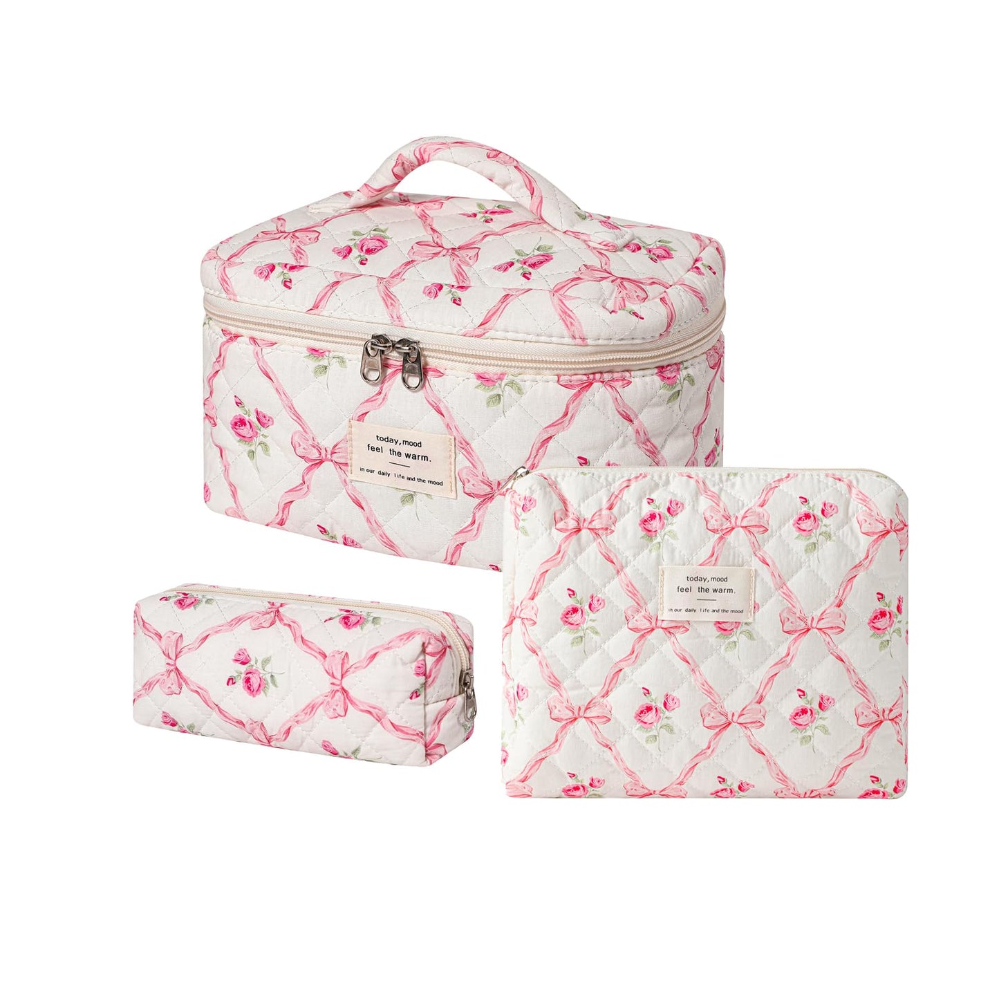 uekeboag 3Pcs Large Travel Quilted Makeup Bag for Women, Floral Cotton Cosmetic Bag, Coquette Aesthetic Floral Toiletry Organizer Bag(3Pcs PinkBow