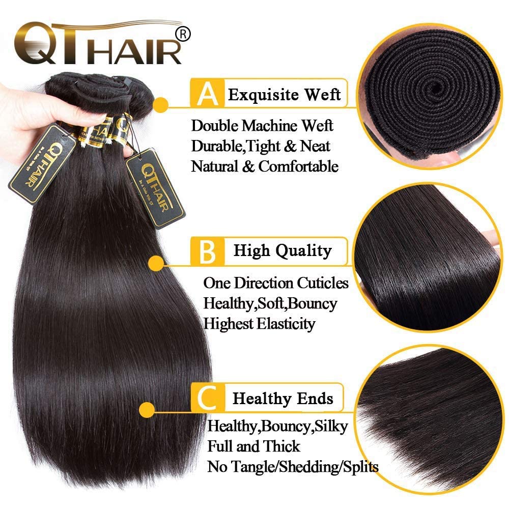 QTHAIR 14A Brazilian Virgin Hair Straight Human Hair with Closure (12 14 16+10Closure) 100% Unprocessed Straight Brazilian Virgin Hair Weave Natural Color Brazilian Straight Hair Bundles