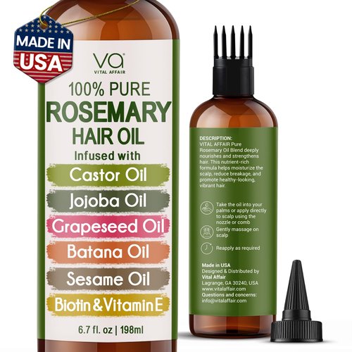 100% Pure Rosemary Oil For Hair Growth With Castor Oil-Batana Oil-Jojoba Oil-Infused With Biotin & Vitamin E-Blend of Effective Hair Oils for Hair Growth-Strengthening Treatment-Vital Affair-6.7 Fl Oz