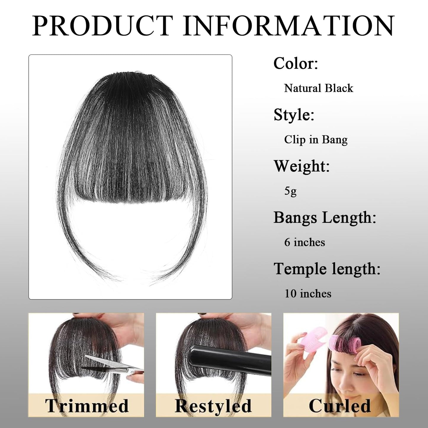 CQLIIIA Clip in Bangs Natural Black 100% Real Human Hair Fake Bangs Easy to Use Shape Face Wispy Bangs for Women Fringe with Temples Hairpieces for Daily Wear