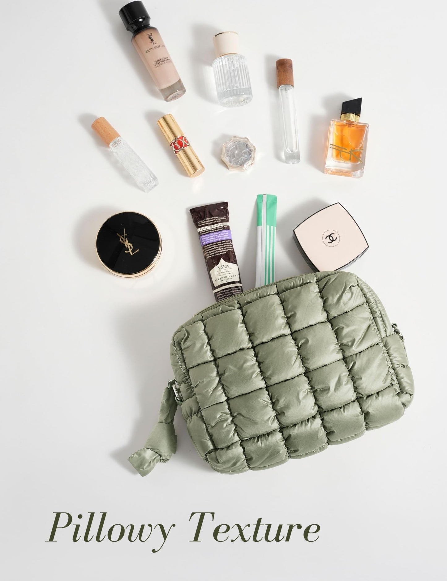 Yarnic Quilted Makeup Bag Cosmetic Bag, Travel Toiletry Bag for Women, Cute Makeup Bag Organizer Puffer Makeup Pouch (M, Sage Green)