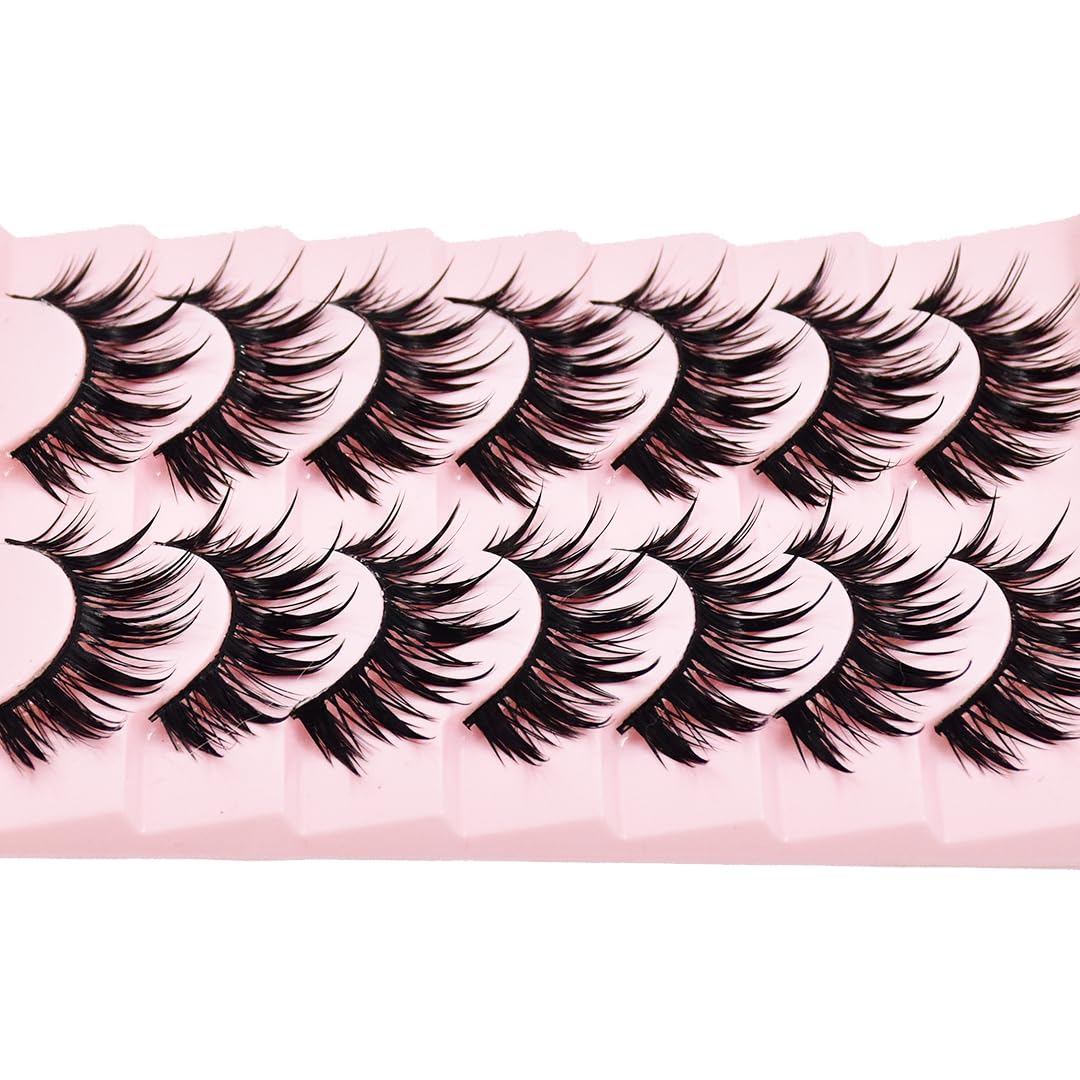 AUGENLI 10Pairs Wet Look Manga Lashes Cat Eye Lashes Extensions 16mm Cute Look Lashes, Japanese Manhua Styles Faux Mink Eyelashes for Everyday Wear or Costume Parties (H01)