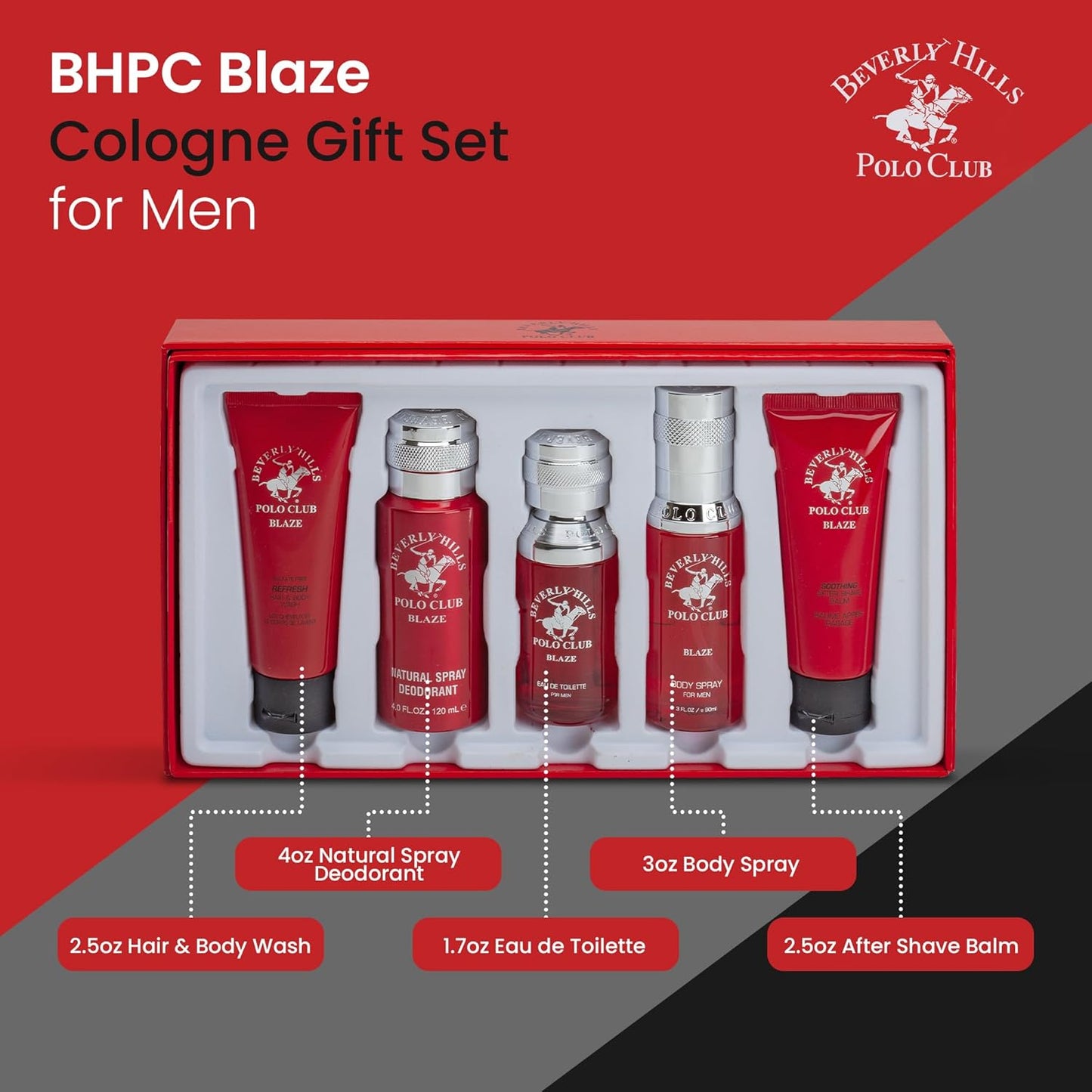 Beverly Hills Polo Club Blaze Men's Cologne Gift Set - 5-Piece Long-Lasting Spicy Woodsy Fragrance Collection