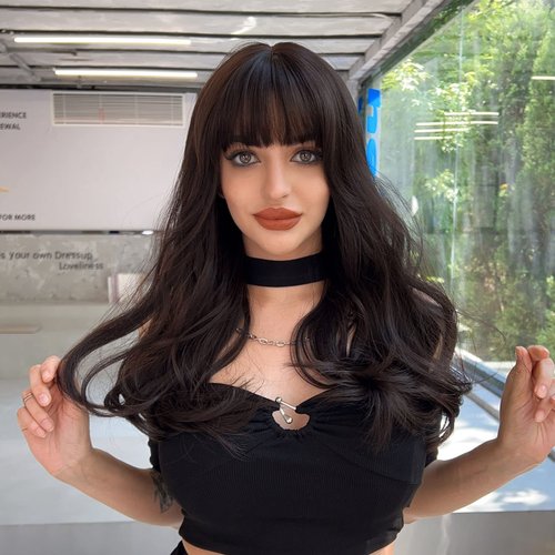 JIAHE Brown Wig with Bangs - Dark Brown Wig Long Brown Wigs for Women Brunette Wig Brown Wavy Hair Wig for Daily Party (Brown 23 Inches)