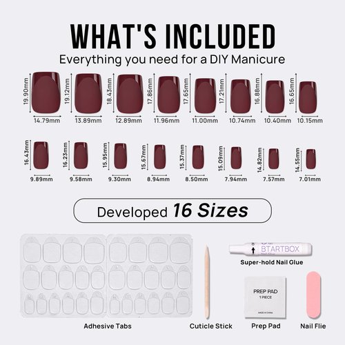 BTArtbox Press on Nails Short Square - Dark Red Nails with Glossy French Tips in a Matte Finish, Soft Gel Fake Nails Glue On Nails in 16 Sizes, Cozy Cocoa