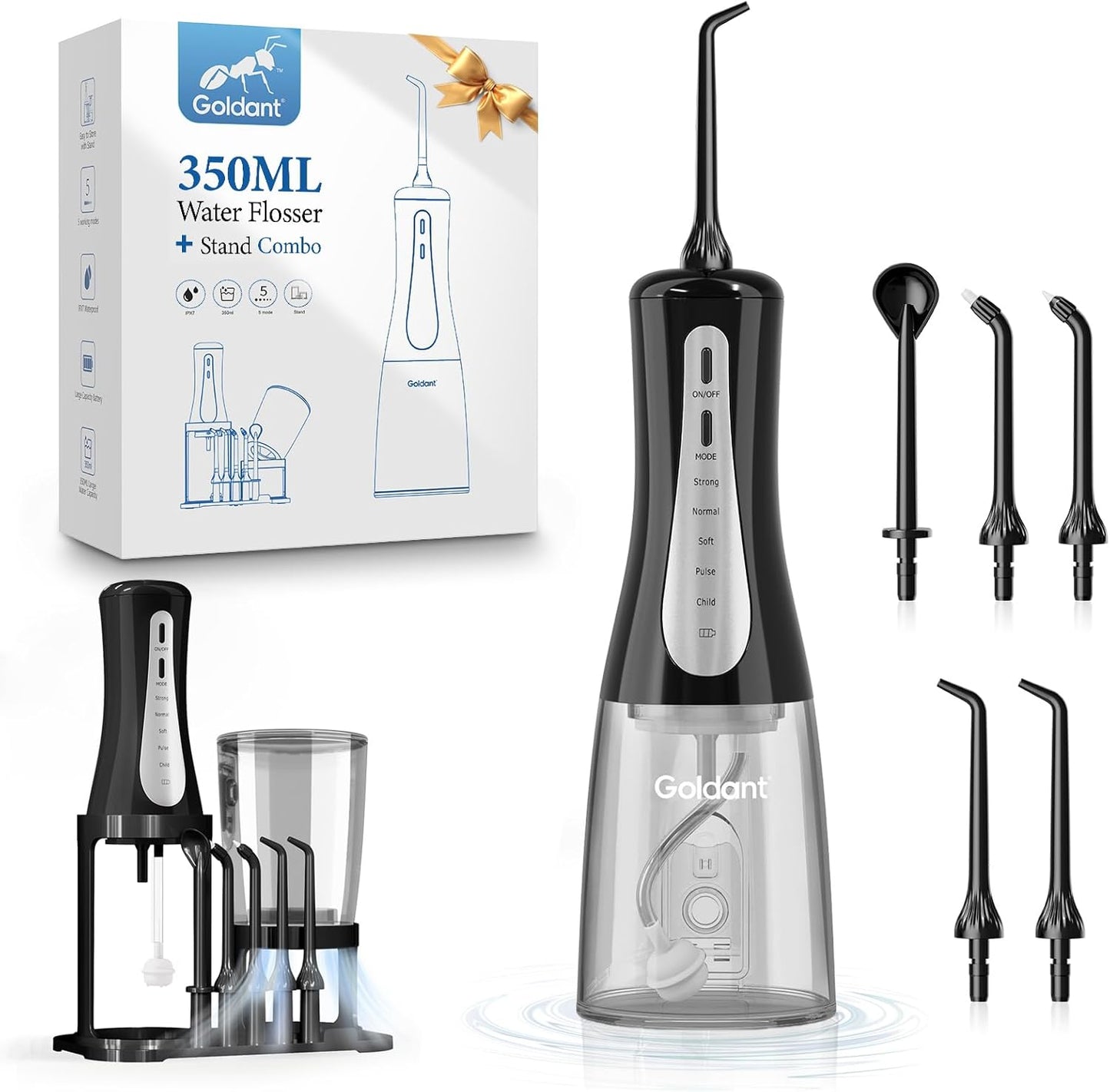 Skiennix 350ML Water Flosser - Cordless & Rechargeable, 5 Modes, 360° Nozzle, IPX7 Waterproof | Portable Black