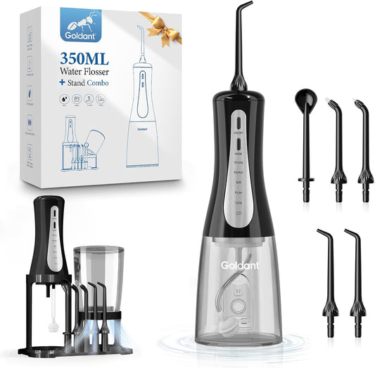 Skiennix 350ML Water Flosser - Cordless & Rechargeable, 5 Modes, 360° Nozzle, IPX7 Waterproof | Portable Black