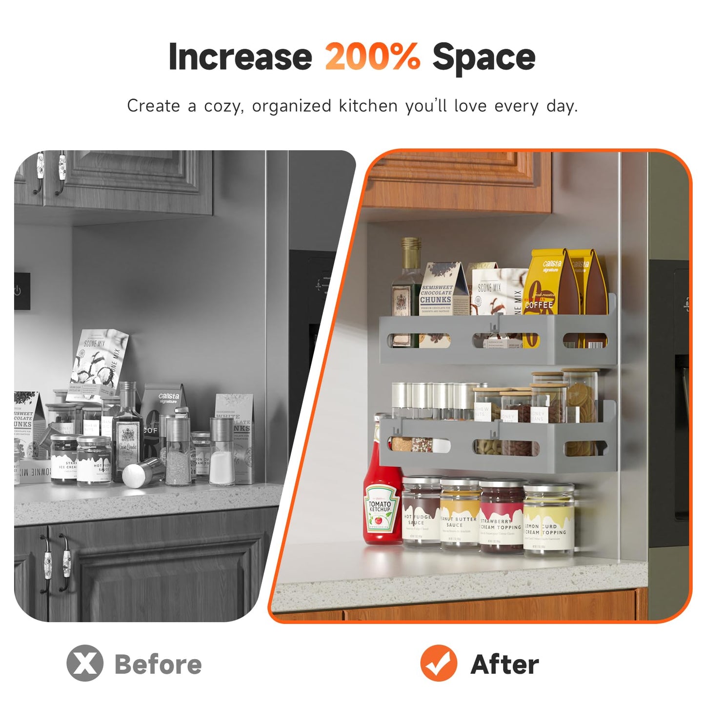 4 Pack Strong Magnetic Spice Rack for Refrigerator, Multipurpose Magnetic Shelf for Fridge with 4 Hooks for kitchen and Bathroom Organization, Black