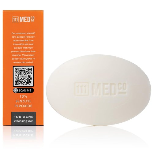 111MedCo 10% Benzoyl Peroxide Acne Treatment Cleansing Bar - Maximum Strength Soap-Free Formula for Stubborn Breakouts | 4 oz