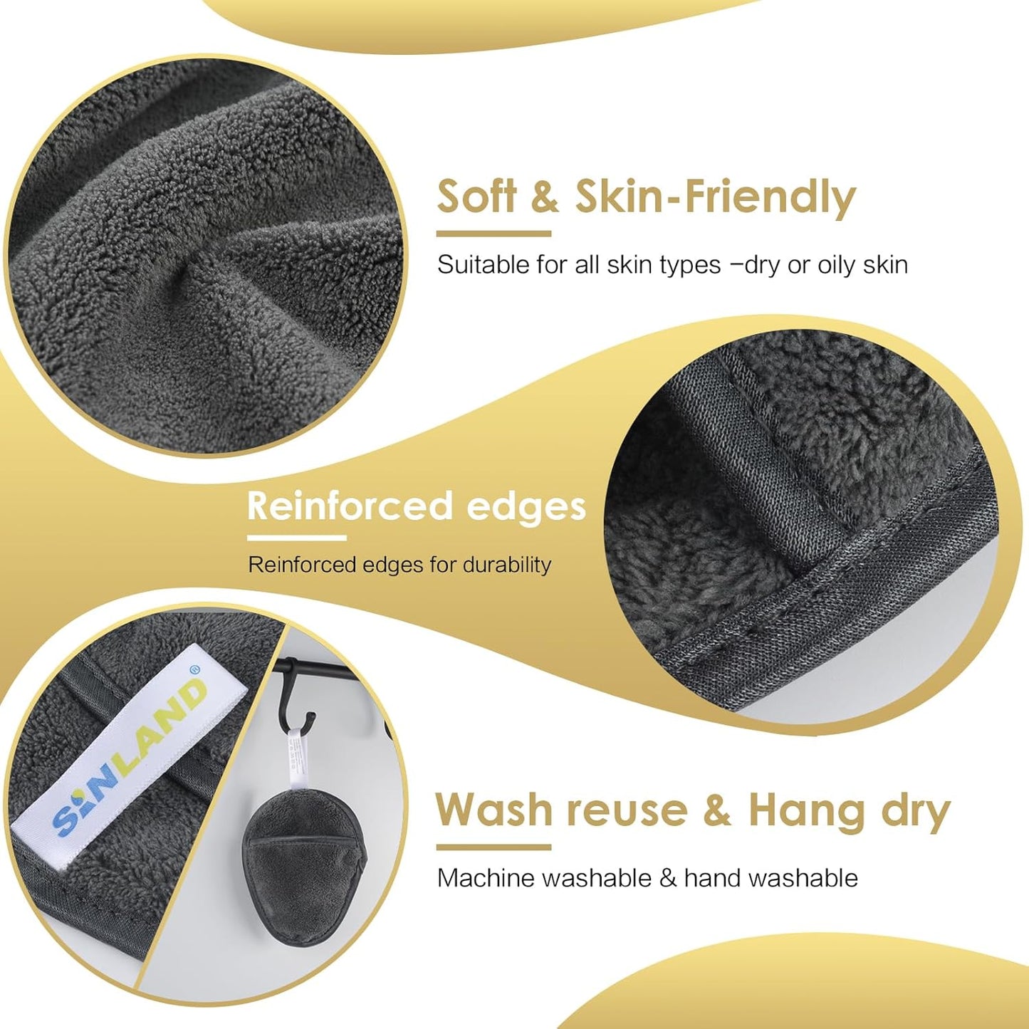 SINLAND Reusable Makeup Remover Pads - Gentle Microfiber Cleansing Cloths for All Skin Types | Grey, 6-Pack (5.1"x3.9")