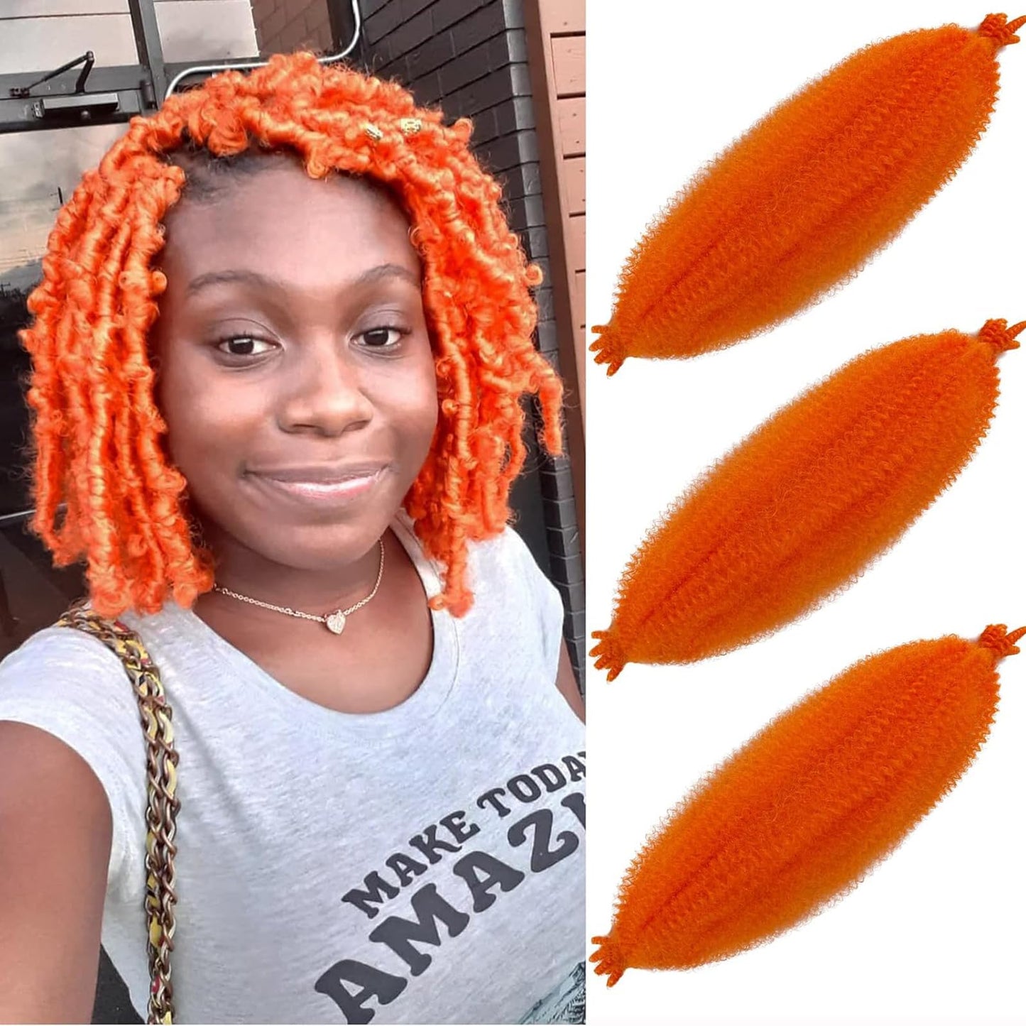 Marley Twist Braiding Hair Orange Springy Afro Twist Hair 16 Inch 3 Packs Pre Fluffed Spring Twist Hair Pre Stretched Wrapping Hair for Soft Locs Hair Extensions for Girl Women