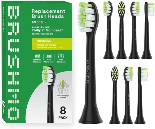 Brushmo Replacement Toothbrush Heads - Compatible with Philips Sonicare DiamondClean HX6062/65 - Black, 8 Pack