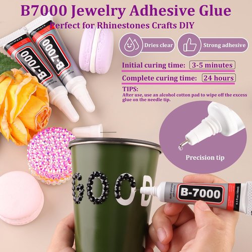 Resin Jelly Rhinestones for Crafting with B7000 Jewelry Glue, 1 Box Black Flatback Crystal with 3Pcs 10ml Glue, Bedazzling Non Hotfix Gems for DIY Tumblers Clothing Shoes Manicure
