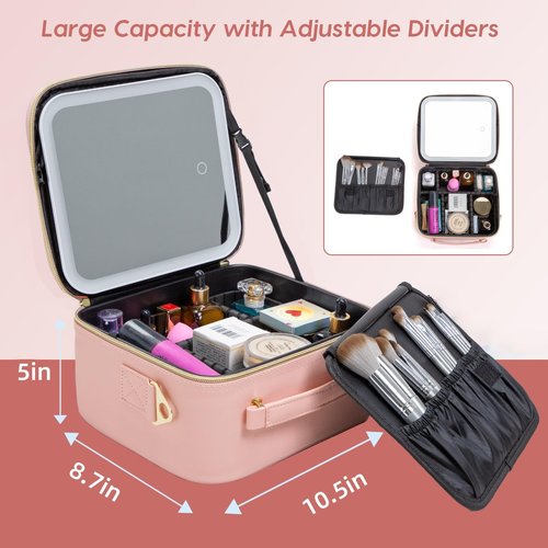 ZhenGuiRu Makeup Bag with LED Mirror, Portable Makeup Artist Organizer Case with Light Up Mirror, Travel Makeup Bag for Women Cosmetic Brush Holder Storage, Pink Makeup Gift for Christmas