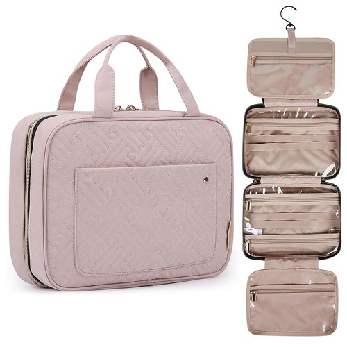 BAGSMART Toiletry Bag - Water-Resistant Travel Organizer with Hanging Hook | Medium Baby Pink