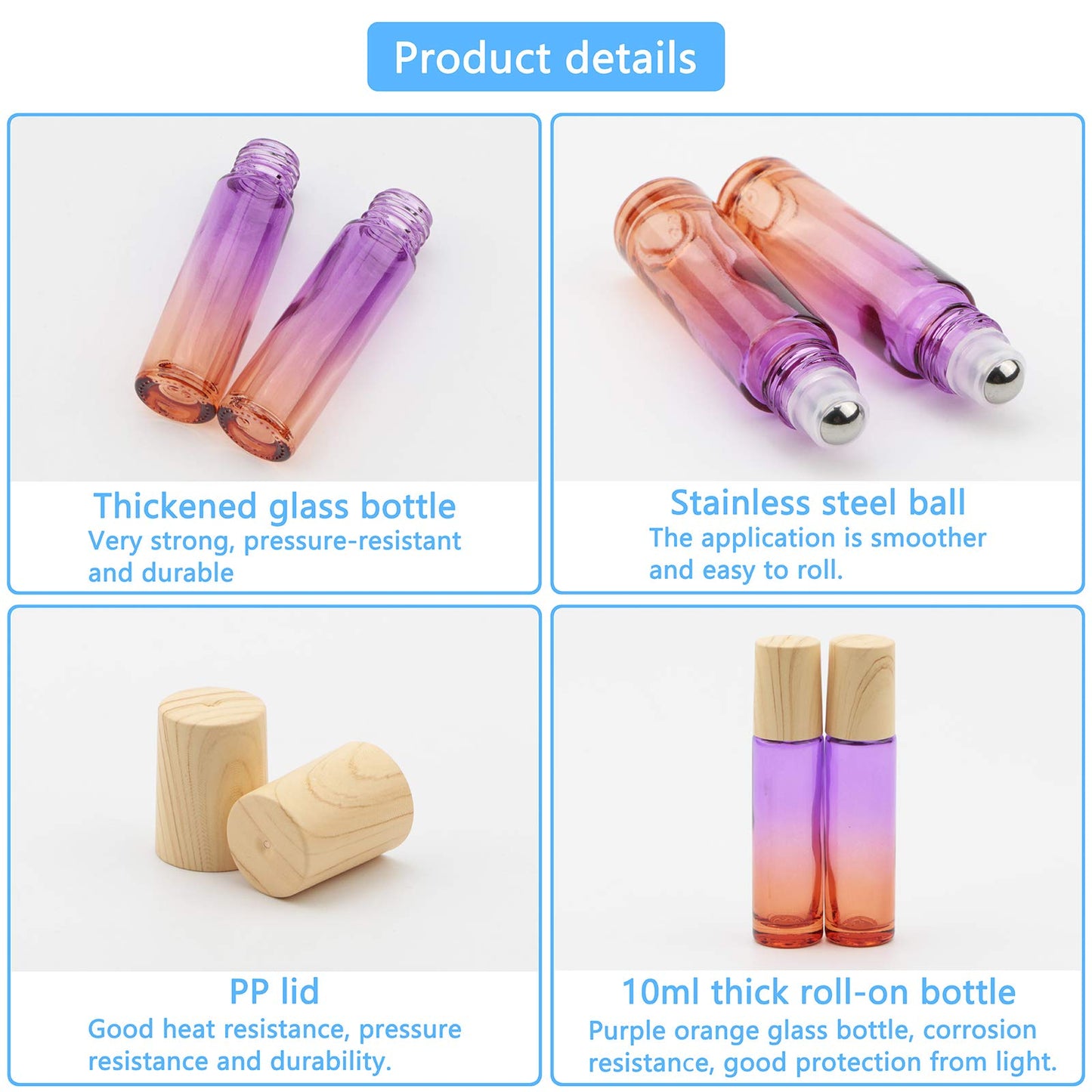 Newzoll 8 Pcs Glass Roller Bottles, 10 ml (1/3 oz) Purple Orange Gradient Roll-on Vials for Essential Oils, Perfume, Lip Balms