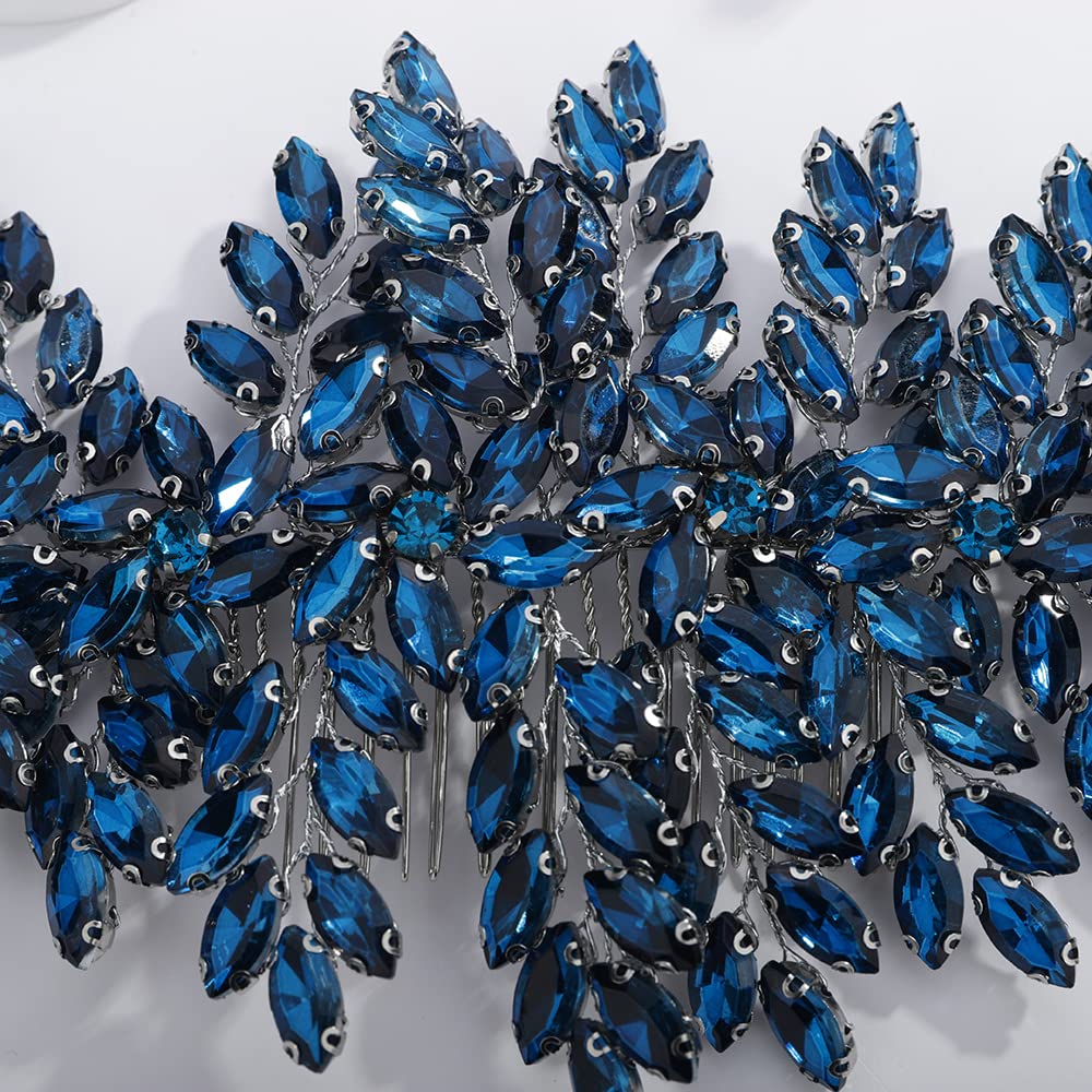 Teyglen Large Full Rhinestones Flower Bride Wedding Hair Comb Headband Luxurious Hair Accessories Dainty Blue Crystals Bridal Side Hair Combs for Women Bride Girls (Dark Blue)