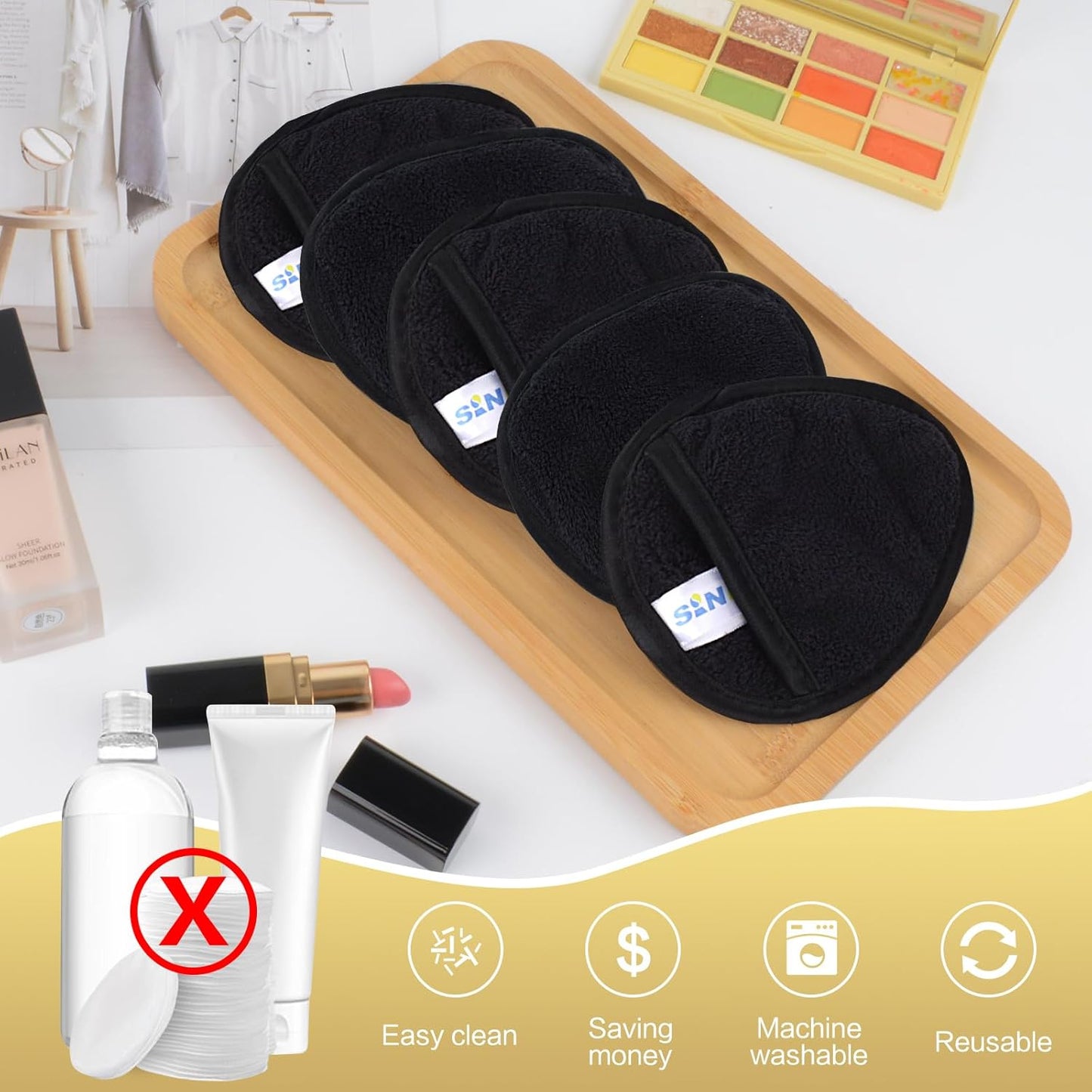 SINLAND Reusable Makeup Remover Pads - Gentle Microfiber Cleansing Cloths for All Skin Types | Black, Pack of 6