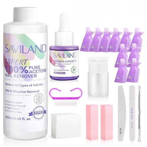 SAVILAND Pure Acetone Nail Polish Remover Kit - Fast & Easy Gel Polish Removal Tools | 8.45 FL Oz
