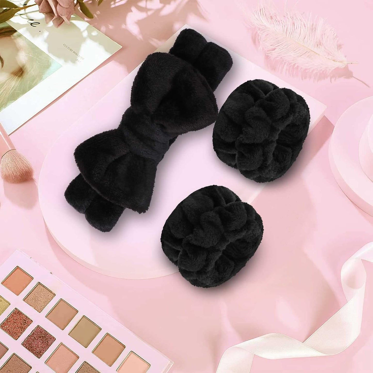 WSYUB Makeup Headband Set - Fluffy Black Spa Headband & 2 Absorbent Wristbands for Skin Care