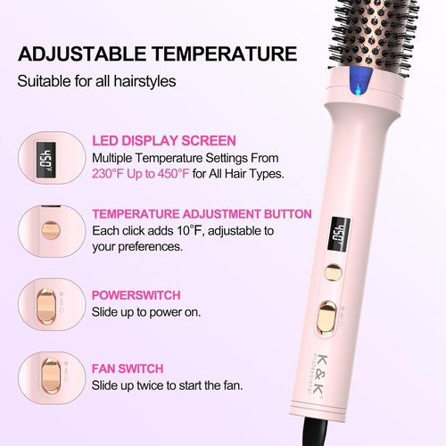 K&K Cool-AIR TECH Hair Styling Tool - Heated Round Brush with Negative Ion Technology | Pink, 1.7 Inch