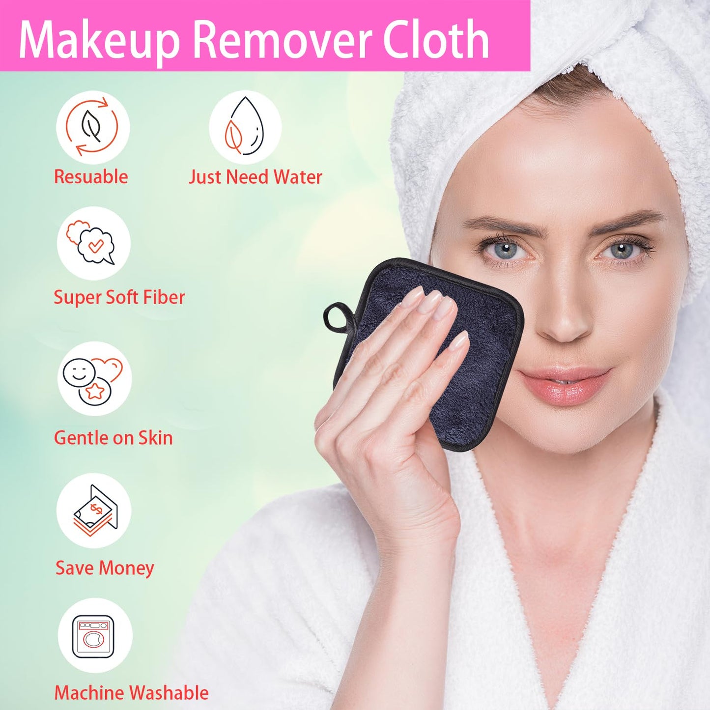 Skiennix Makeup Remover Cloths - Reusable Microfiber Cleansing Pads, 5x5 Inch, 6 Pack (Black)