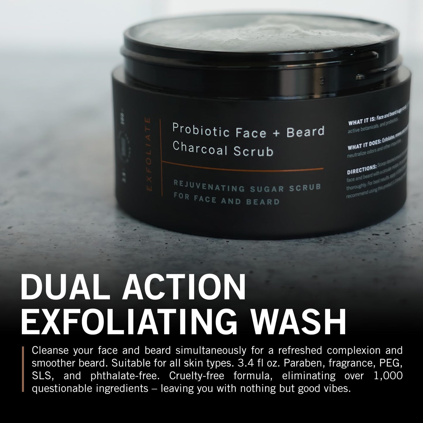 stubble & stache Exfoliating Probiotic Face & Beard Charcoal Sugar Scrub for Men - Deep Cleanse, Pre-Shave Wash, Natural Pore Minimizing Scrub for Daily Use - 3.4 fl oz
