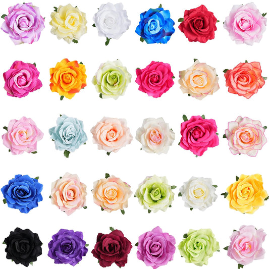 Lnrueg 30 Pack Artificial Rose Flower Hair Clips for Women, 4 Inch Large Flower Claw Clips for Thick Hair, Hair Accessories for Wedding