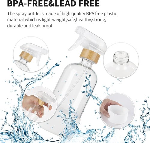HOMBYS Bamboo Glass Spray Bottles - Refillable 17 oz Clear Containers with Silicone Sleeve Protection | 3 Pack for Cleaning & Essential Oils